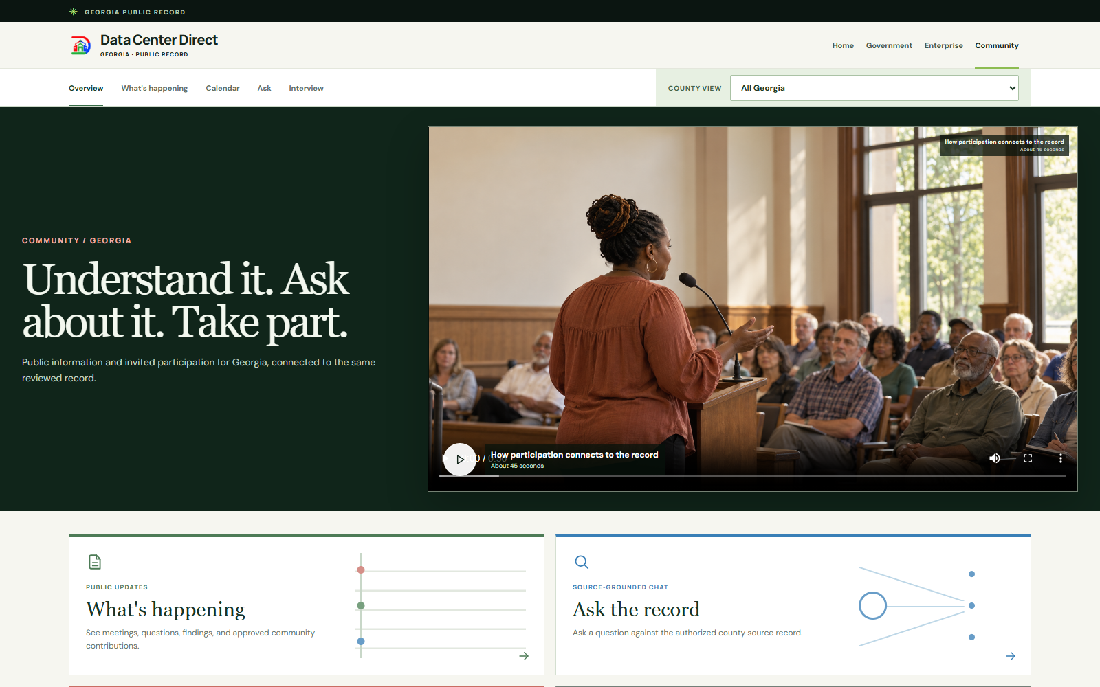 Data Center Direct Community page with participation headline and public meeting film