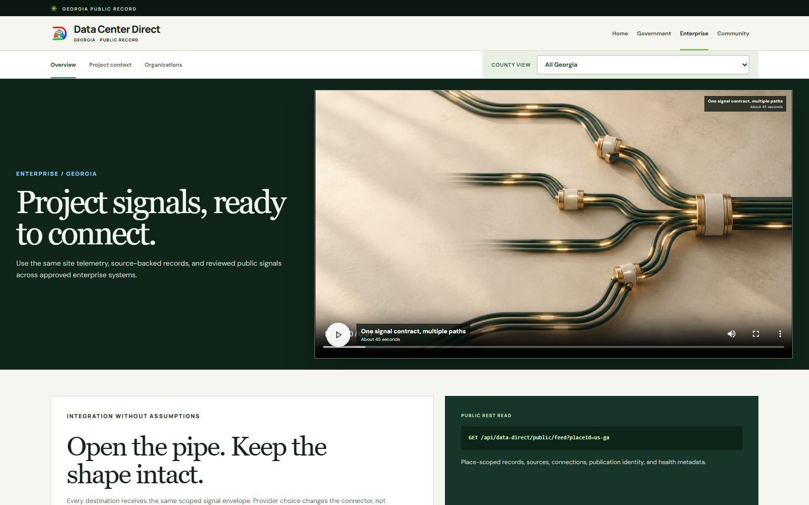 Data Center Direct Enterprise page with project-signal headline and telemetry-pipe film