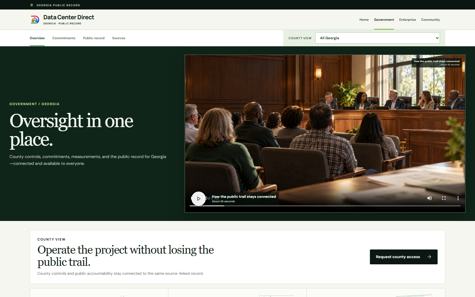 Data Center Direct Government page with county navigation, oversight headline, and public meeting film