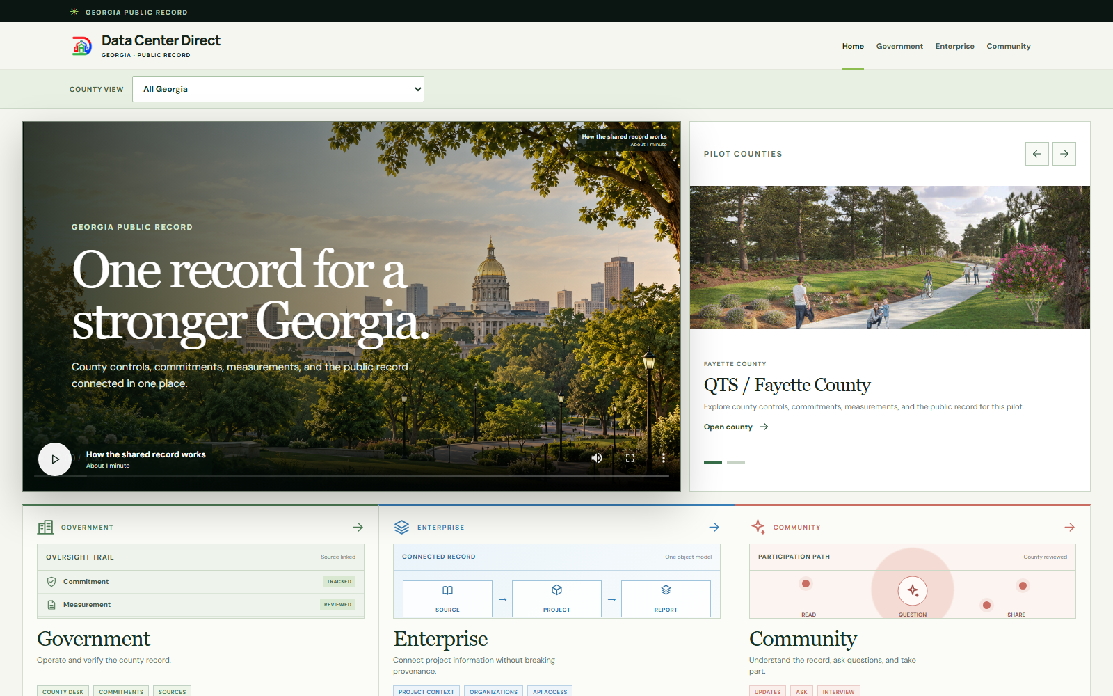 Data Center Direct home page with a Georgia public-record film, pilot county carousel, and three audience views